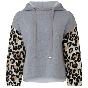 Grey Hooded Sweatshirt With Leopard Knit Sleeves